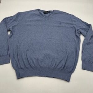 Polo Ralph Lauren Mens XL Blue Pima Cotton V-Neck Sweater Long Sleeve Pony Logo